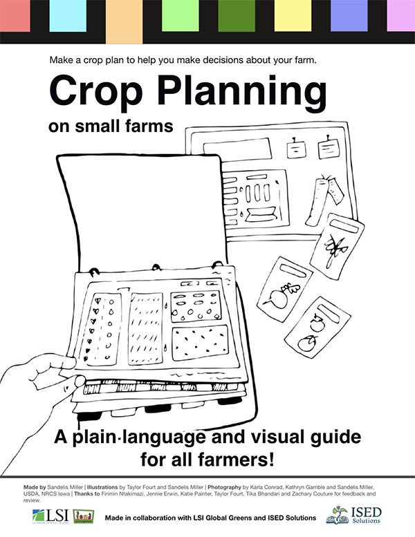 Illustration of crop planning concepts like record keeping, seed saving, and financial planning.