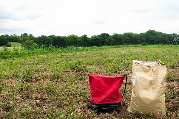 A bag of seeds placed next to a broadcast seeder in front of a prepared field.
