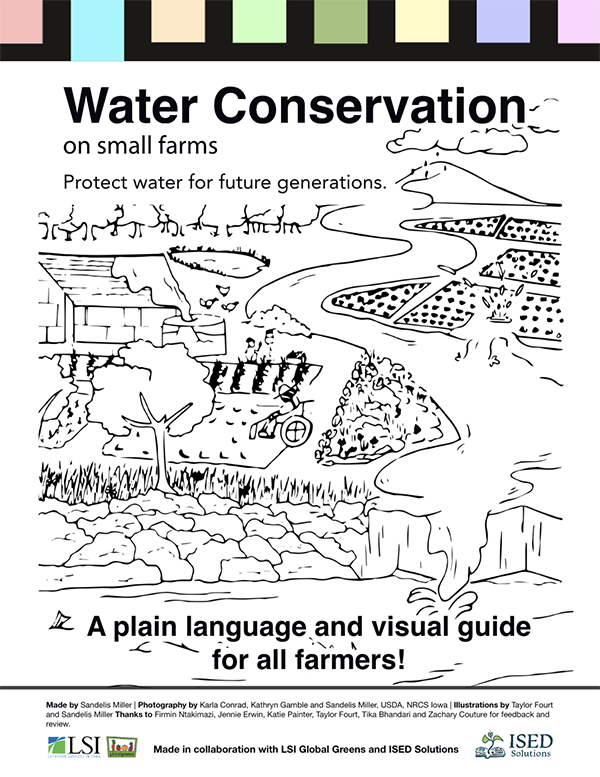 Illustration of water conservation concepts on small farms, showing water move through a farm landscape.