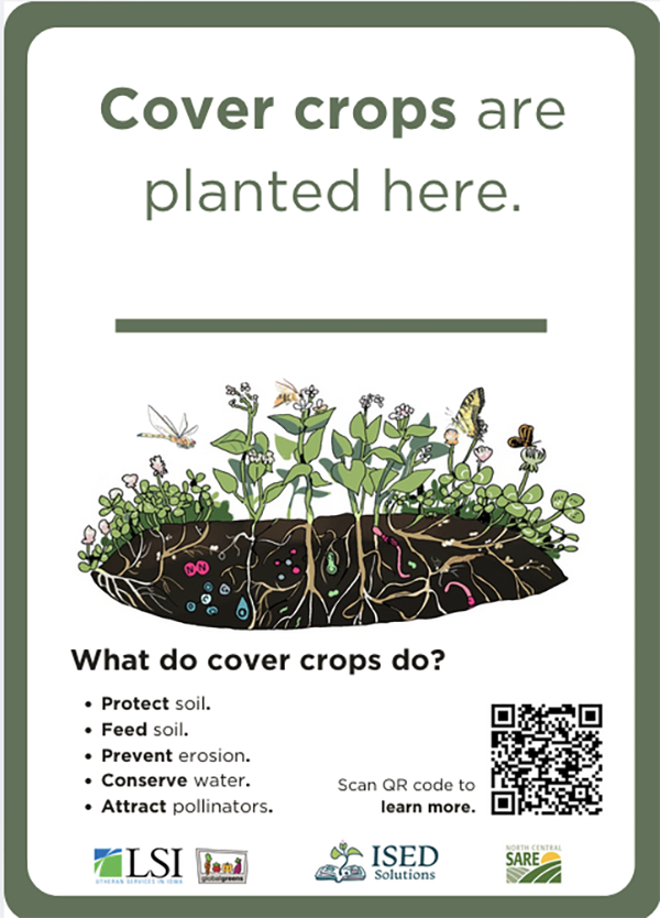 Poster with an illustration of cover crop ecosystem including nutrients in the roots and flowers attracting pollinators.