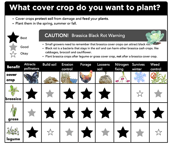Chart with cover crop types and their benefits.