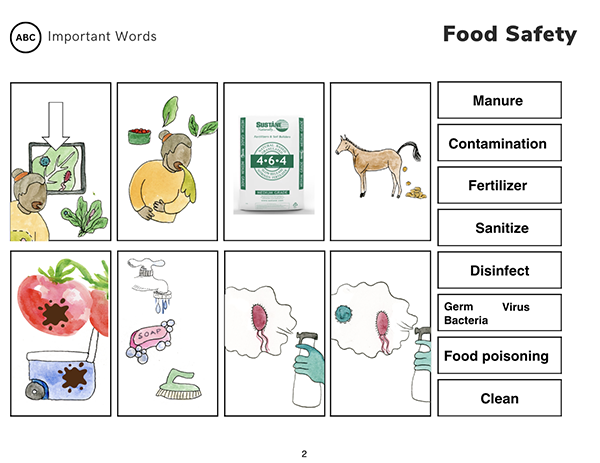 Food safety images like santize, manure, and fertilize next to a column of matching vocabulary words.