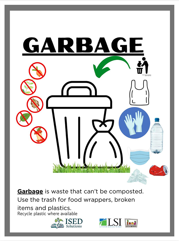 Illustration identifying items to put in the garbage.