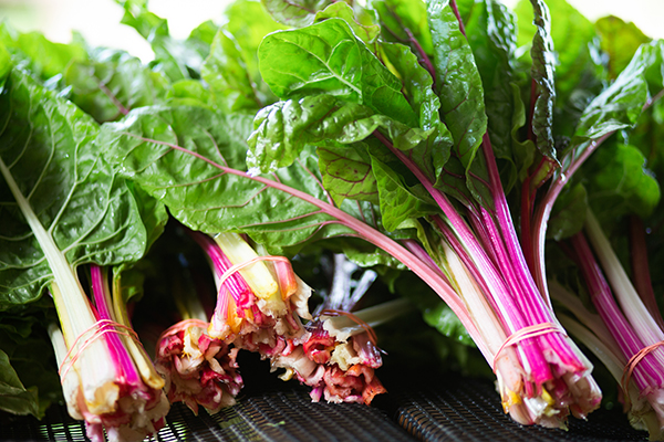 Colorful bunches of swiss chard arranged on top of a plastic crate.