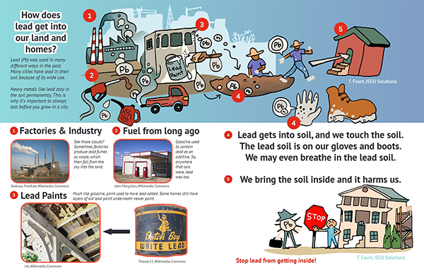 Infographic explains how lead enters our environment through factories, fuel, and lead paint, highlighting its dangers.