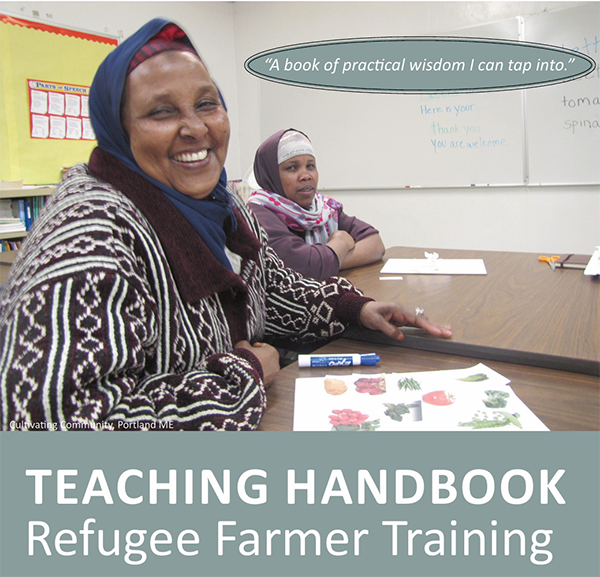 Cover of the farmer handbook depicts two women wearing hijab, sitting in a classroom and working on a worksheet with photos of vegetables.