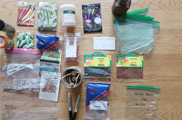A tabletop with supplies to test seed germination includes a variety of seeds, baggies, and a permanent marker to label each baggy with seed type.