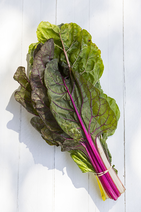 An overhead shot of rainbow swiss chard on a white background.