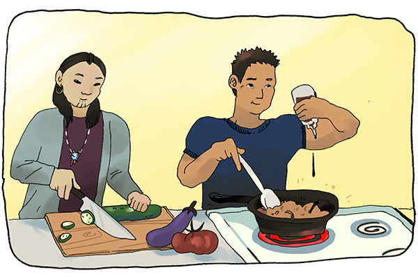 Digital graphic of two tribe members cooking a meal with zucchini, eggplant, and tomatoes, one person chops vegetables while the other stirs a pan full of food on the stove. This graphic was designed for English language learners to improve their vocabulary understanding.