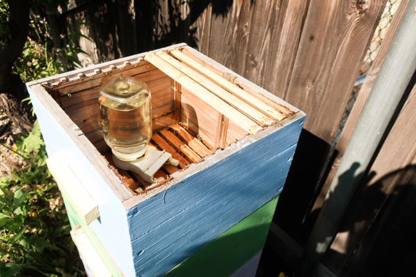 Entrance feeder used inside a beehive box