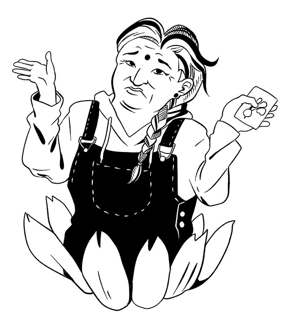 A middle aged female farmer emerging from a flower and looking confused, holding a packet of seeds.