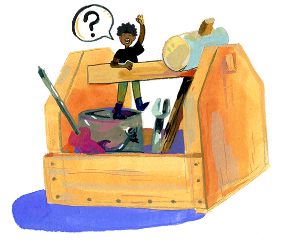 A small person standing on a paint can on a wooden toolbox, next to a screwdriver, wrench, and rubber mallet.