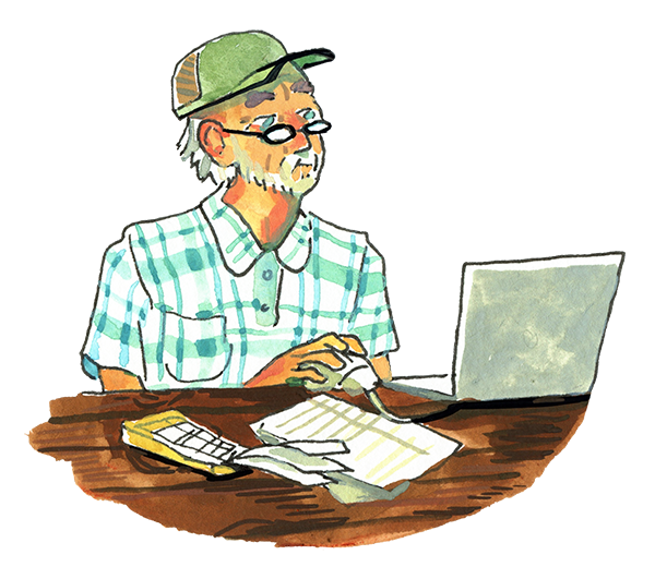 An older male farmer with a plaid shirt looking at a computer at a desk, with papers and documents around him.