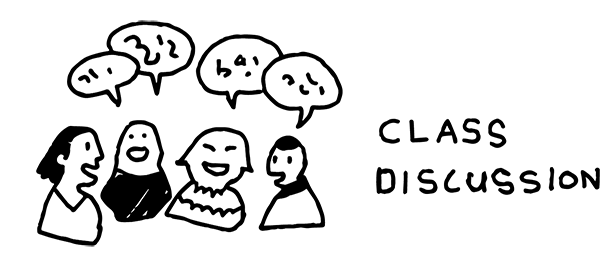 Four people talking in a group with speech bubbles above their heads and text that reads 