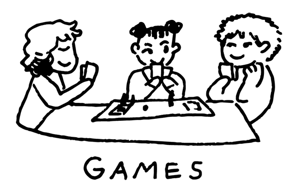 Three people playing a card game, with the text 