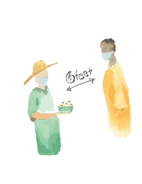 Two farmers stand facing each other, six feet apart, wearing face masks and