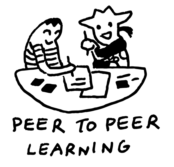 Two people at a desk happily working on something together with the text 
