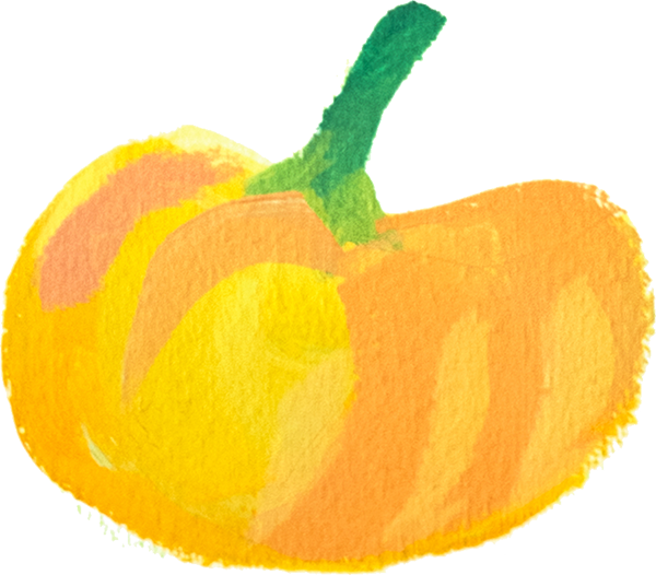 A small yellow orange pumpkin with green stem still attatched.