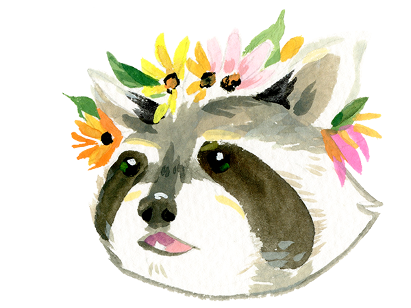 A raccoon head wearing a flower crown.