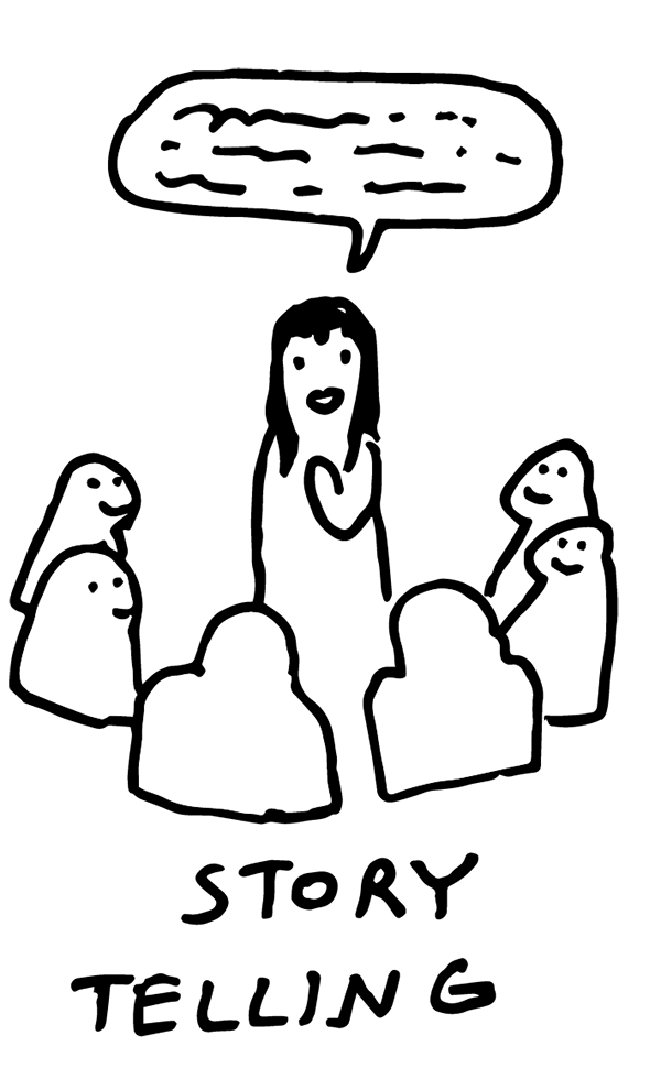 One person in a group talking, with a speech bubble above their head. Text underneath reads