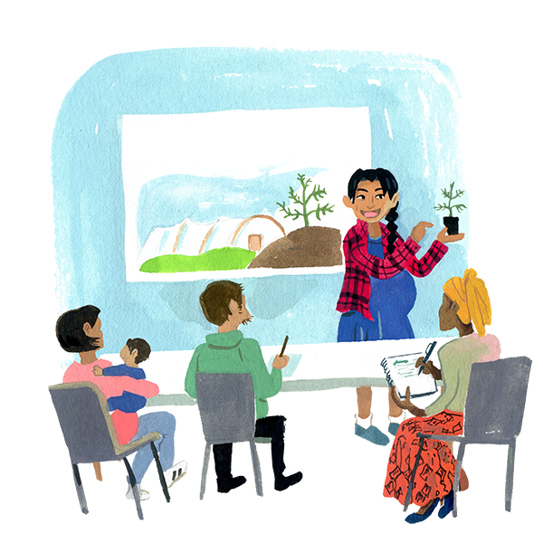 A pregnant teacher showing a presentation to three students. She holds a tomato seedling.
