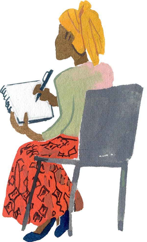 A woman wearing a headscarf who sits and takes notes.