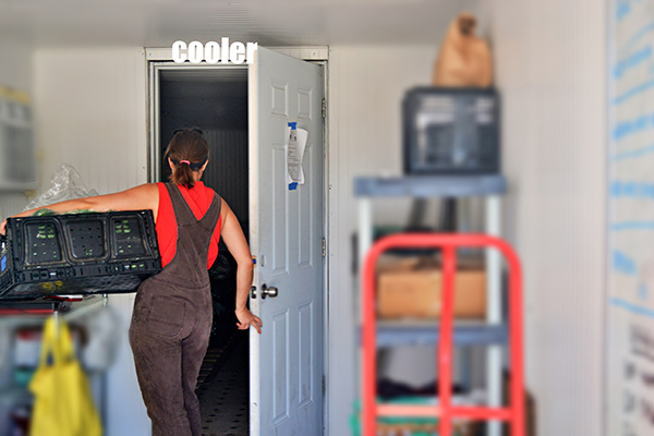 Storing produce in a walk-in cooler.