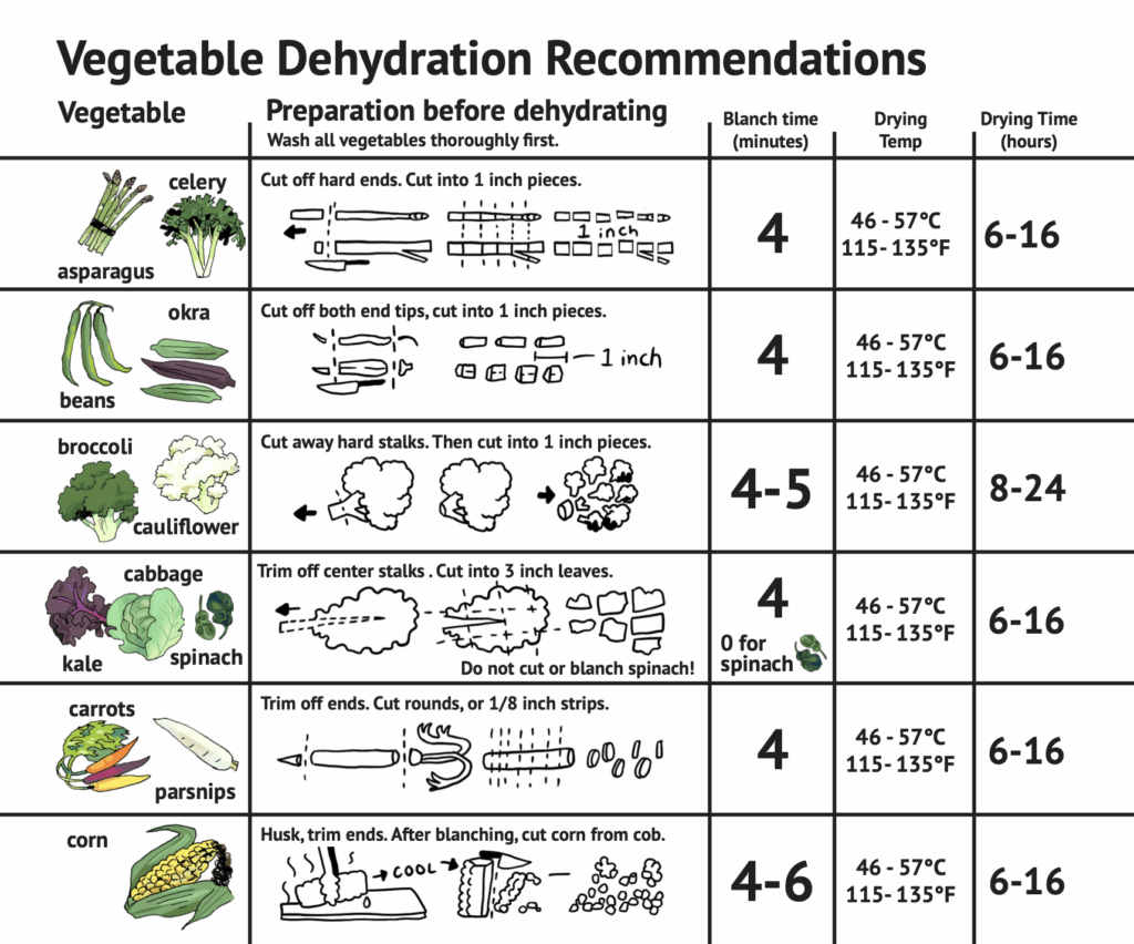 Preview image for the Dehydration Recommendations chart. Shows several vegetables with their corresponding methods.
