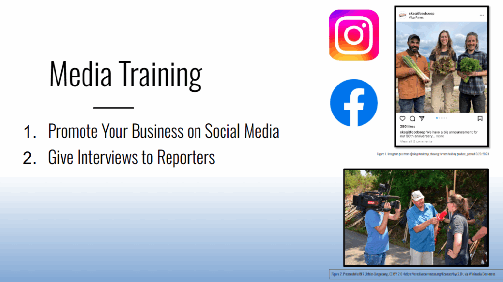 Media training lesson preview image, shows various social media logos and a photo of someone being interviewed.