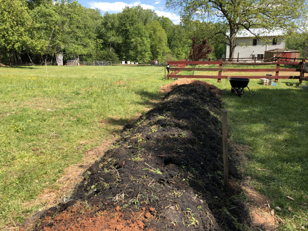 A finished Hügelkultur bed appears as a long earthen mound in a garden.